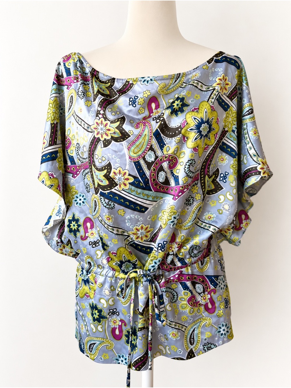 Custom-Made Silk Paisley Off-the-Shoulder Tie Waist Blouse